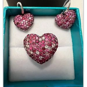 EFFY PINK RUBY, SAPPHIRE & STERLING SILVER HEART RING And EARRING SET SIZE 7